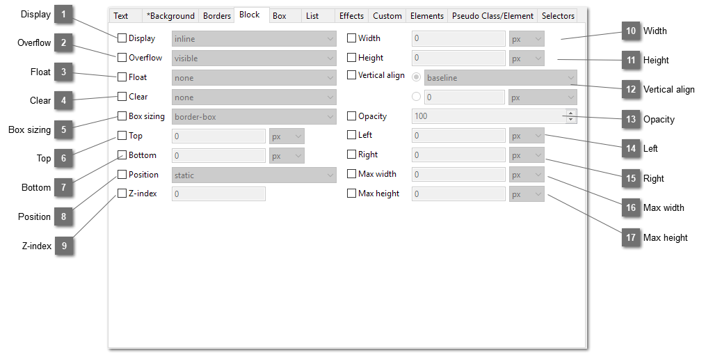 CSS Style Editor Block tab