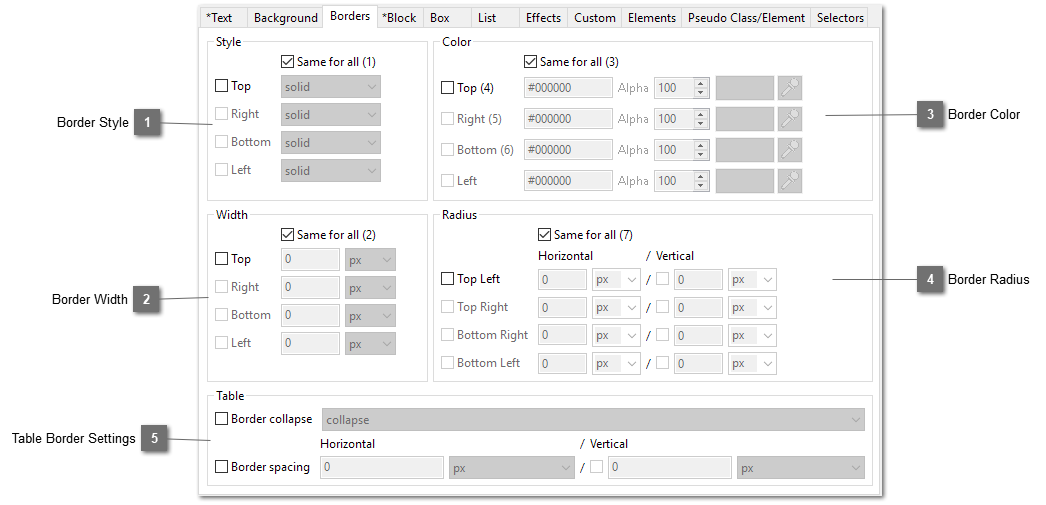 CSS Style Editor Borders tab