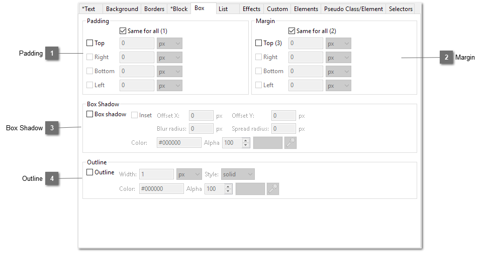 CSS Style Editor Box tab