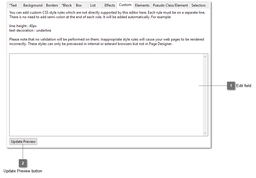 CSS Style Editor Custom tab