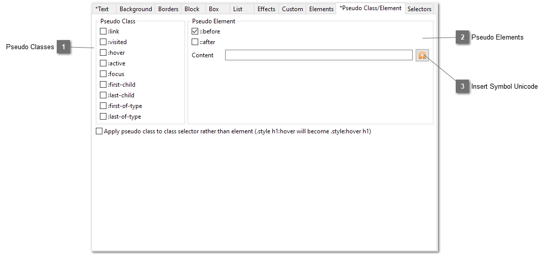 CSS Style Editor Pseudo Class / Element tab