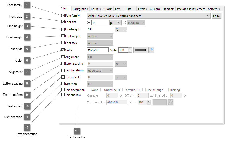 CSS Style Editor Text tab