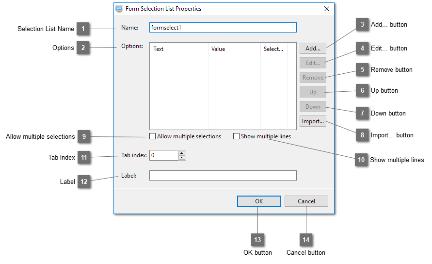 Form Selection List Properties Dialog