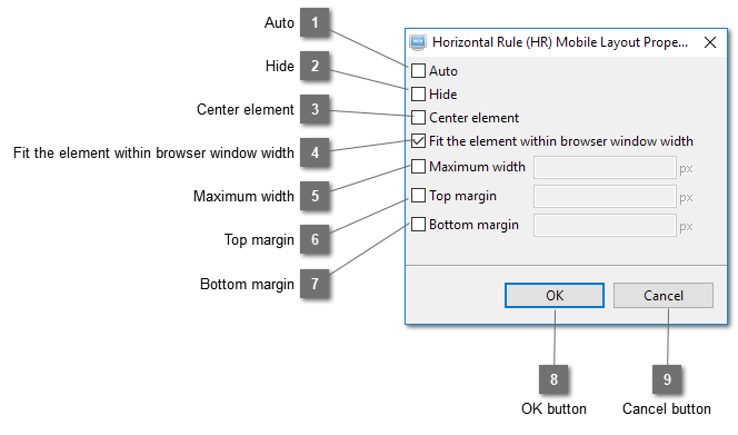 Horizontal Rule (HR) Mobile Layout Properties Dialog