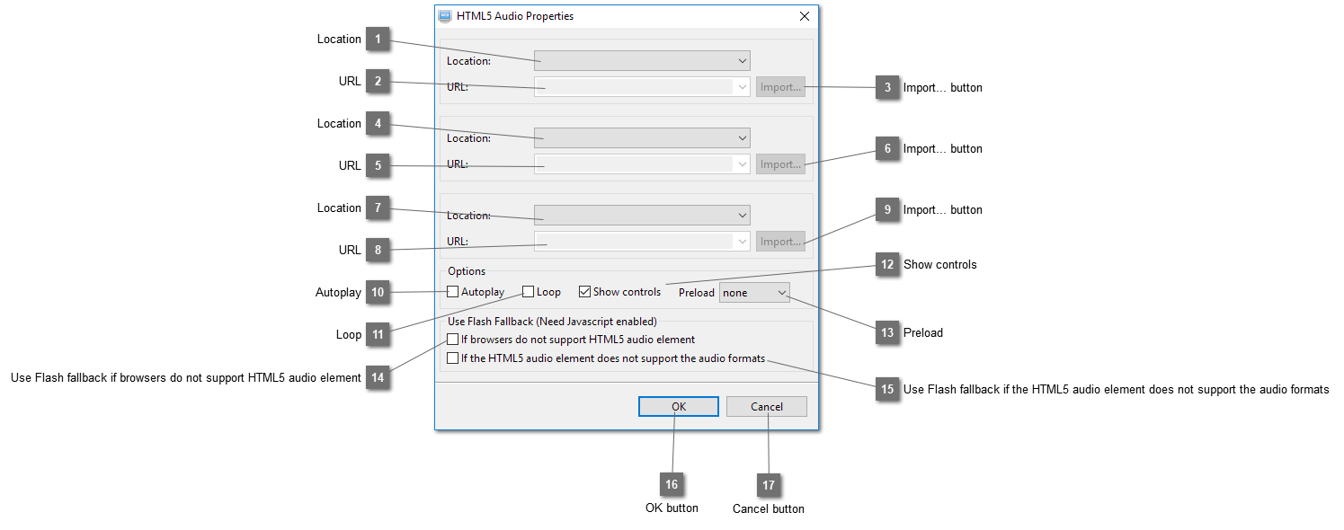 HTML5 Audio Properties Dialog