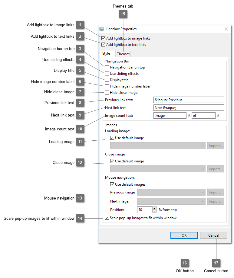 Text or Table Lightbox Properties Dialog