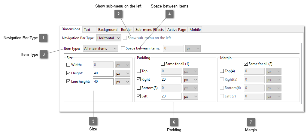 Navigation Bar Dimensions tab