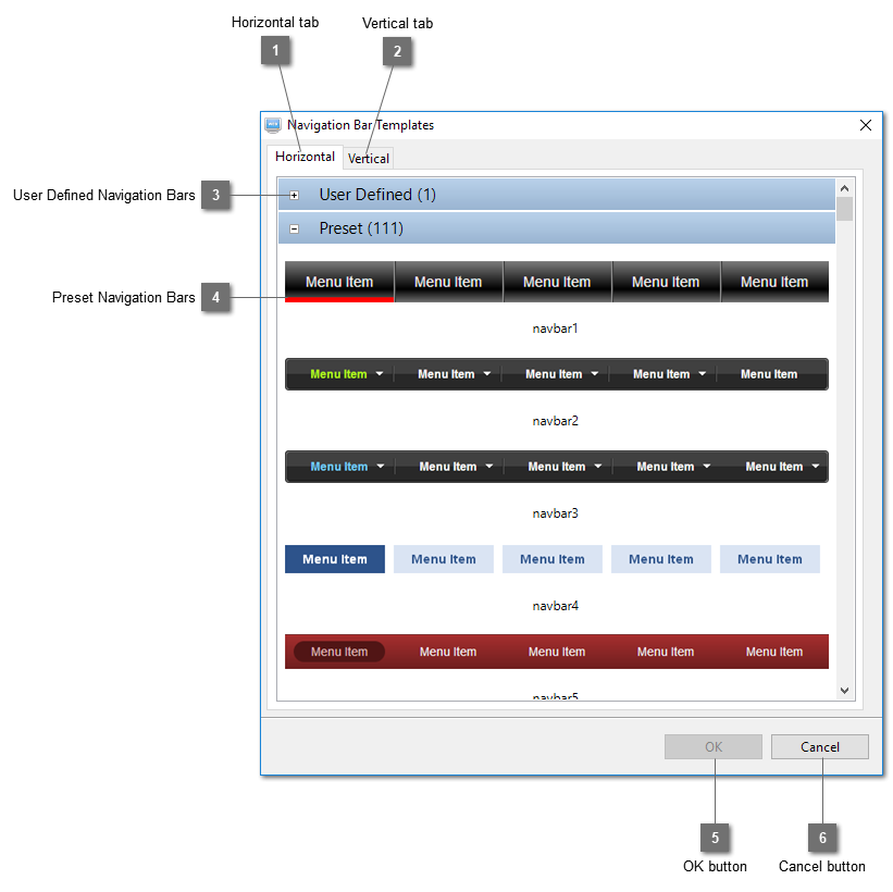 Navigation Bar Templates Dialog