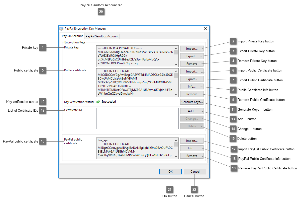 PayPal Encryption Key Manager Dialog