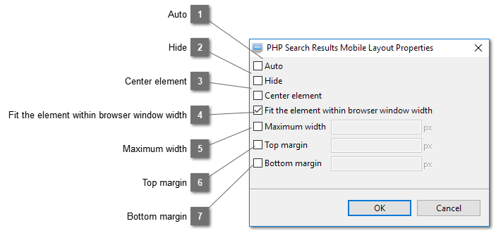 PHP Search Results Mobile Layout Properties Dialog