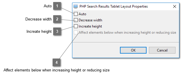 PHP Search Results Tablet Layout Properties Dialog