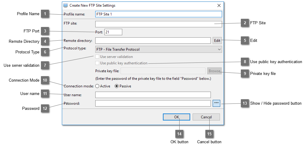 Create New FTP Site Settings Dialog