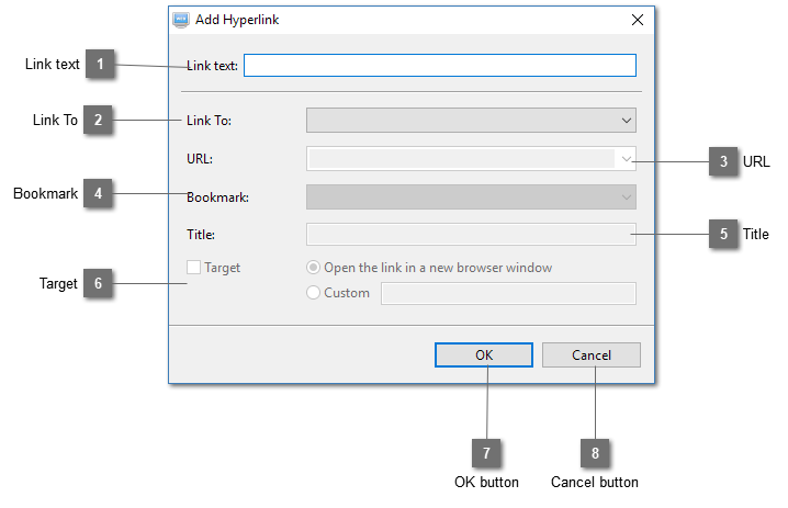 Table Element Add Hyperlink Dialog